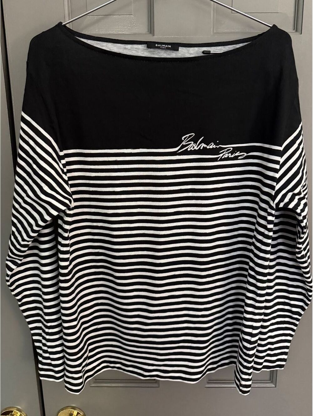 Balmain Paris Logo Marinière Stripe Cotton Long Sleeve Top Sz S